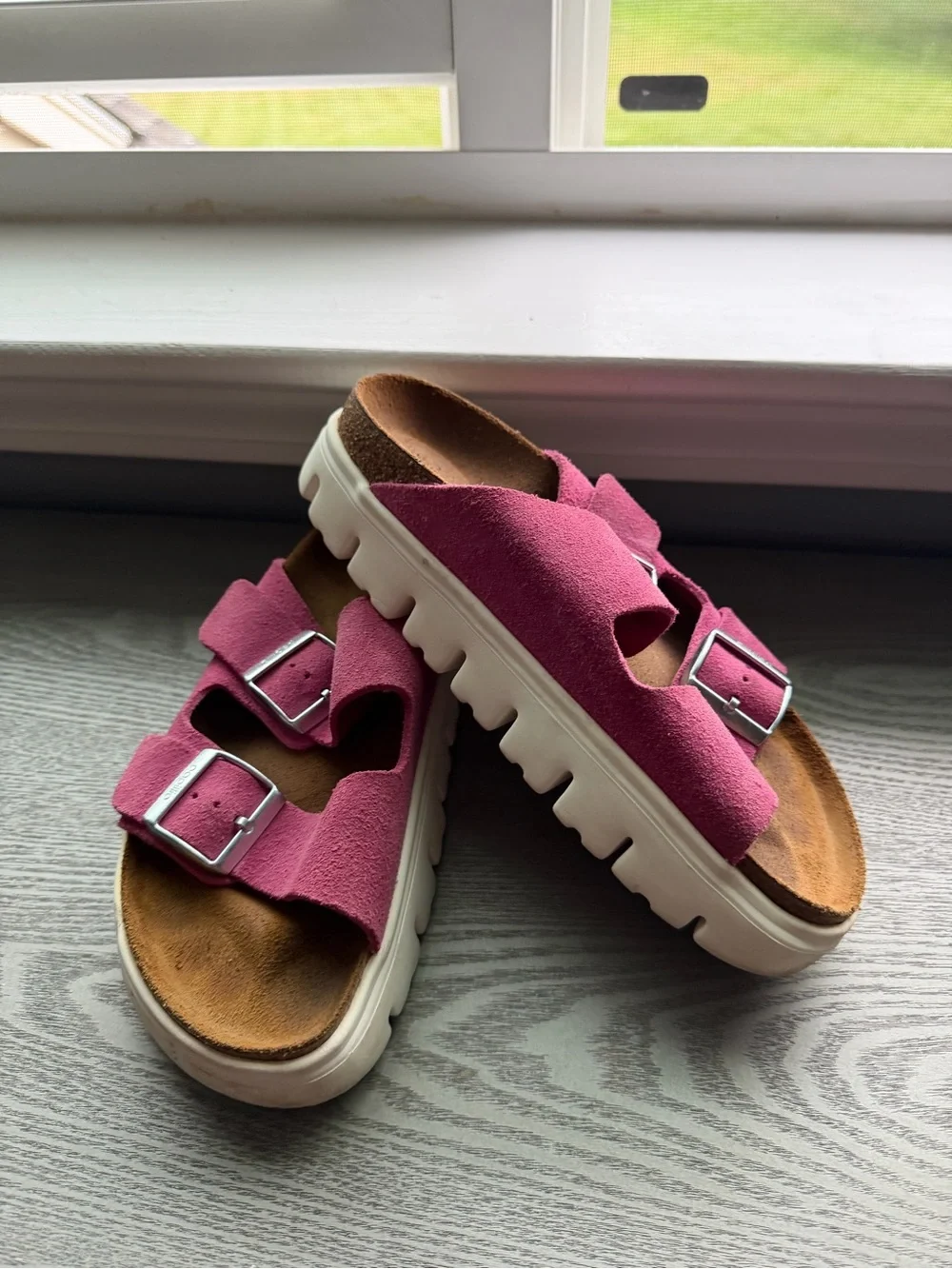 Papillio by Birkenstock Pink Suede Platform Double-Buckle Sandals
